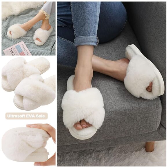 Women's Fuzzy Slippers Cross Band Memory Foam House Slippers Open Toe White NWT - Picture 1 of 6